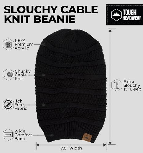 Slouchy Cable Knit Beanie by Tough Headwear - Chunky, Oversized Slouch Beanie Hats for Men & Women - Stay Warm & Stylish - Serious Beanies for Serious Style Black OSFA