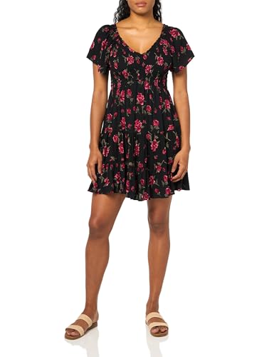 Angie Women's Short Sleeve Floral Smocked Bodice Dress, Black