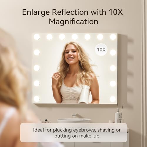 POPLIZZ 23.6" x 21.3" Large Vanity Mirror with Lights with 15 Dimmable LED Bulbs, 3 Light Colors, Smart Touch Control, Wall Mounted, USB Charging Port