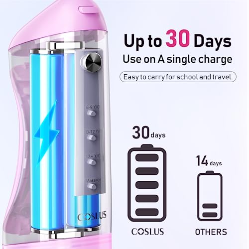 COSLUS Kids Water Dental Flosser Deep Cleaning Picks, Portable, 4 Modes for Ages 6+ Safe Waterproof Flosser Rechargeable with 4 Jet Tips for Gums Care F5023 Pink Purple