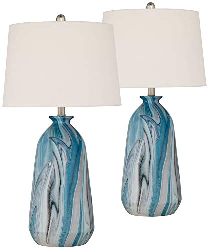 360 Lighting Carlton Modern Coastal Table Lamps 28" Tall Set of 2 Swirling Blue Faux Marble White Tapered Drum Shade for Bedroom Living Room House Home Bedside Nightstand Office Kids Family