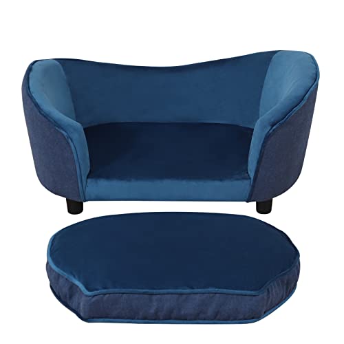 Pet Sofa Bed/Velvet & Linen Fabric Pet Couch with Removeable & Washable Cushion for Small Dogs & Cats (Blue)