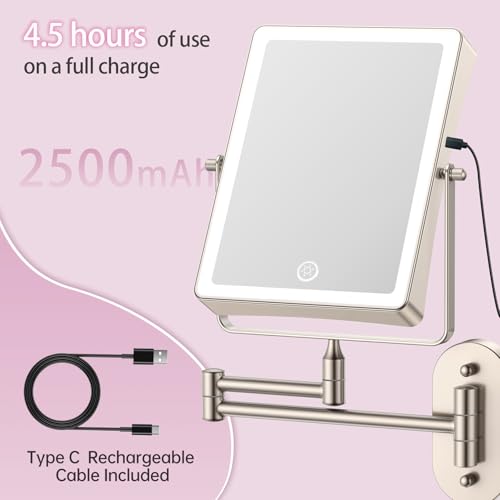 FASCINATE Rechargeable Wall Mounted Makeup Mirror, Bathroom Mirror Rectangle 8.7 Inch Double Sided 1X 10X Magnifying, 3 Color Setting, Extended Arm 360° Swivel Foldable Nichel