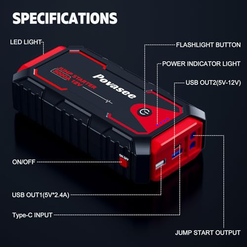 Povasee Jump Starter 3000A Peak Jump Starter Battery Pack, 12V Jump Box for Car Battery up to 10L Gas or 8L Diesel Engine Battery Jump Starter with Power Bank/Dual Output/LED Light (3000A)