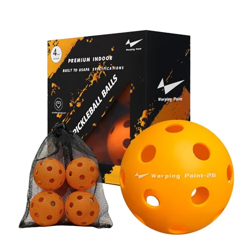 Warping Point Indoor Pickleball Balls, 4 Pack 26 Holes Orange PickleBalls with Mesh Bag, Meet USAPA Specifications, High Bounce Durable Practice Pickle Ball for Beginners Intermediate Player