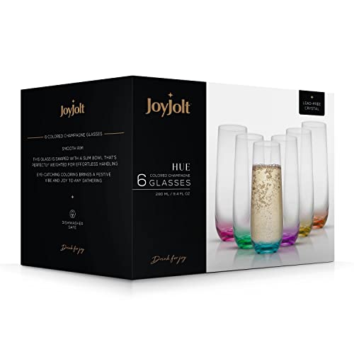 JoyJolt HUE Stemless Champagne Flutes Set of 6 Colored Glasses. 9.4oz Champagne Glasses. Prosecco Wine Flute, Mimosa Glasses Set, Cocktail Glass Set, Stemless Glasses, Crystal Glasses, Bar Glassware