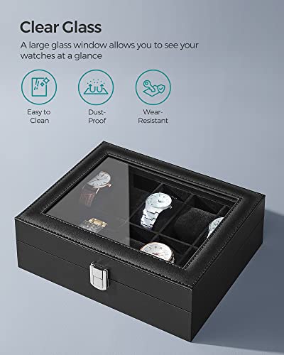 SONGMICS Watch Box, 10-Slot Watch Case with Large Glass Lid, Removable Watch Pillows, Watch Box Organizer, Gift for Loved Ones, Black Synthetic Leather, Black Lining UJWB010B02