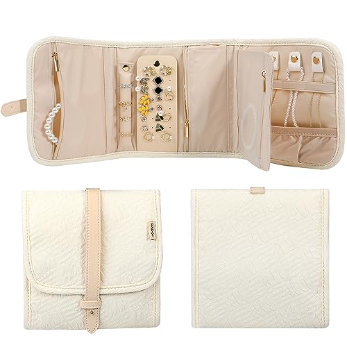 Voova Travel Jewelry Holder Organizer Case, Small Jewelry Storage Bag for Women Girls, Foldable Traveling Jewellery Pouch Roll for Necklaces Rings Earrings Bracelets, Mini, Apricot