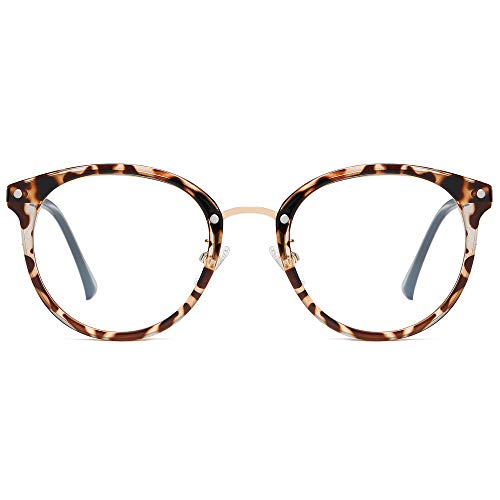 SOJOS Retro Round TR90 Blue Light Reading Glasses Womens Mens Readers Computer Glasses Eyewear Frame SJ9001, Bright Leopard Frame 0.00 x