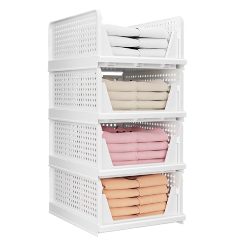 4 Pack Folding Closet Organizers Storage Box, Stackable Storage Bins, Plastic Drawer Basket Closet Storage for Wardrobe Cupboard Kitchen Bathroom Office White-1S3L