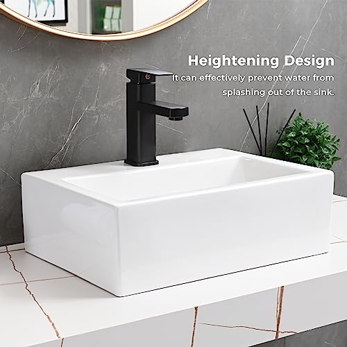 DELAVIN 16"x12" in Modern Bathroom Vessel Sink, White Ceramic Bathroom Sink, Rectangle Above Countertop Bathroom Vessel Sink, Ceramic Rectangular Bathroom Vessel Sink With Faucet Hole
