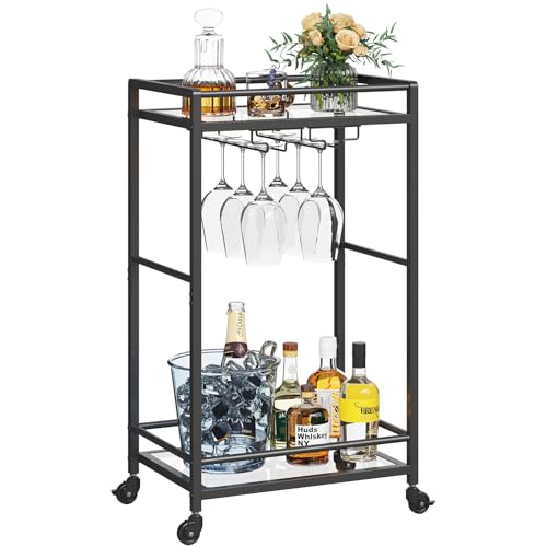 Lifewit Bar Cart Gold, Home Serving Bar Cart with Lockable Wheels, Wine Rolling Cart with 2 Tier Glass Shelves, Liquor Cart with Glass Holder, Beverage Cart for Kitchen Dining Living Room, Black