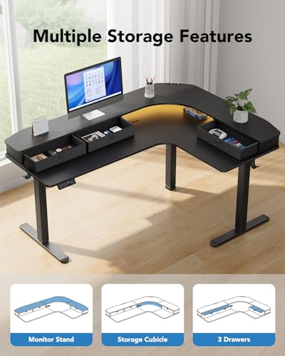 HUANUO 65″ L-Shaped Standing Desk with Power Outlets & LED Strip, Support C-Clamp Mount, Electric Height Adjustable Corner Computer Desk with 3 Drawers, Sit Stand Up Desk with Large Power Strip Holder