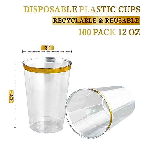 FOCUSLINE 100 Pack 12 oz Gold Rimmed Plastic Cups, 12 Ounce Clear Tumblers, Heavy-duty & Fancy Disposable Hard Plastic Cups with Gold Rim for Wedding Elegant Party