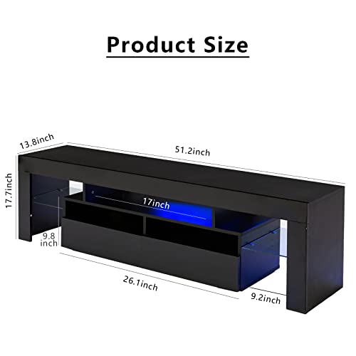 SUSSURRO LED TV Stand for 60/65/70 inch TV, Modern Gloss Entertainment Center with Drawer and Glass Open Shelf, Television Table Center Media Console for Living Room， Black