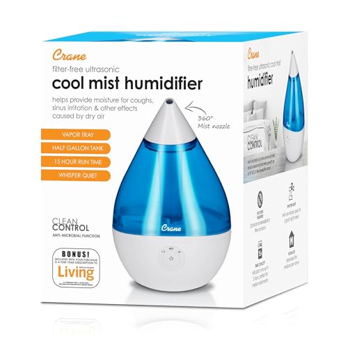 Crane Droplet Ultrasonic Small Air Humidifiers for Bedroom and Office, 0.5 Gallon Cool Mist Humidifier for Plants and Home, Humidifier Filters Optional, Blue and White