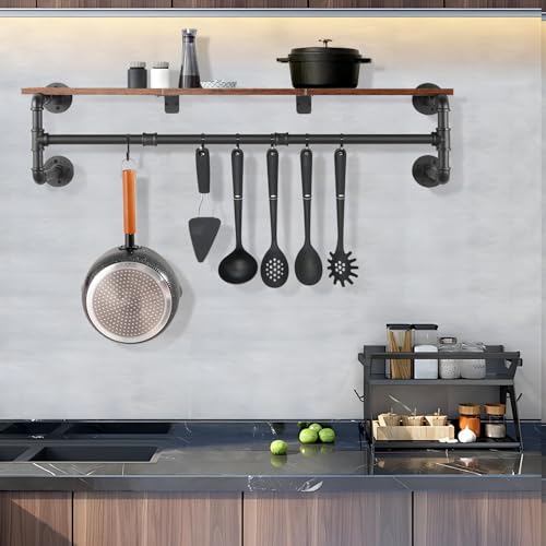 Yawinhe Industrial Pipe Clothing Rack with Shelves, Wall Mounted, Space Saving Closet Rod with 4 Bases, for Shops, Homes, 41.3''Lx10.2''Wx10.2''H, Rustic Brown, 1-Pack