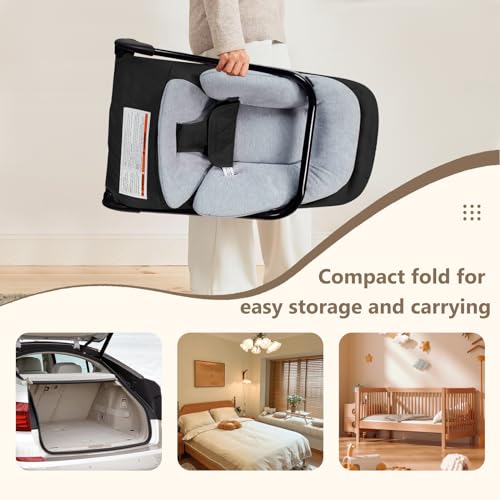 Kinder King Portable Baby Bouncer, Foldable Bouncer Seat w/Thickened Soft Cushion, 3-Point Harness, Lightweight Newborns Bouncy Seat, Black