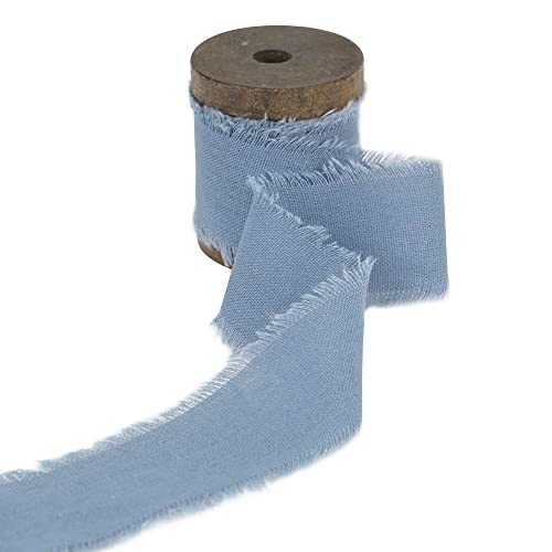 HUIHUANG Dusty Blue Cotton Linen Ribbon 1.5 Inch Handmande Rustic Frayed Edge Ribbon on Wooden Spool Fringe Fabric Ribbon for Wedding Bridal Bouquet, Invitation Tie, Baby Shower, Gift Wrap - 5 Yards