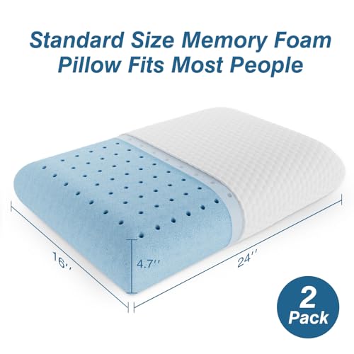 Sweetcrispy Memory Foam Pillow, Standard Size Pillows for Sleeping, Bed Pillow Soft and Comfortable, Cooling Hotel Pillow for Side Sleeper, Removable, Machine Washable Cover, 2 Pack