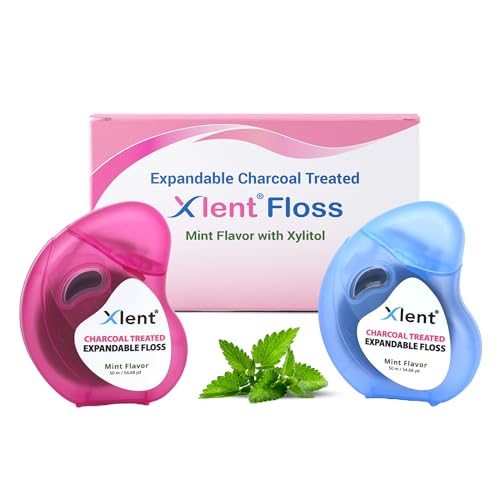 Expandable Floss Treated with Activated Charcoal with Xylitol and Natural Plant Based Wax |Fresh Mint Flavor | PFAS & PTFE Free |50 Meter x 2