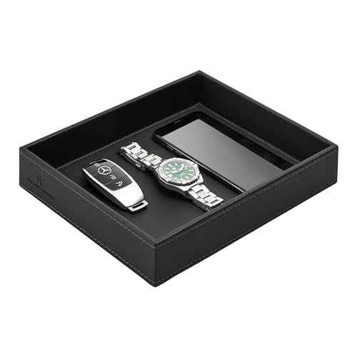 GALLAWAY LEATHER Valet Tray for Men - Nightstand Organizer EDC Tray for Wallet and Keys - Dresser Leather Catchall Dump Key Tray - Bedside Table Tray Organizer Key Bowl for Entryway Table (Black)