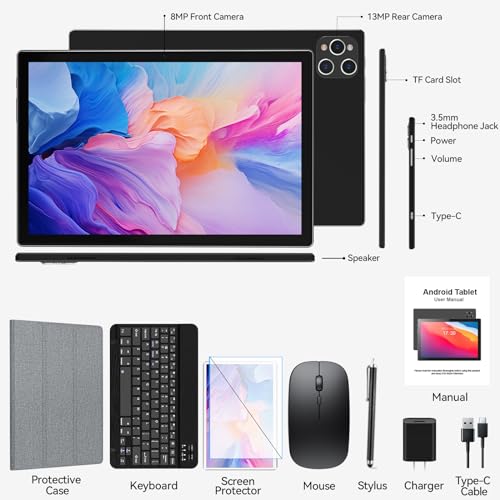 Android Tablet 10 Inch, 2024 Newest Android 13 Tablet, 128GB Storage+16GB RAM (8+8Virtual), Octa-Core Processor, 5G WiFi Tablet, 2 in 1 Tablet with Keyboard and Case, 13MP+8MP Dual Camera, GPS, Black