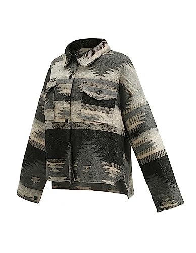COWOKA Women's Vintage Aztec Print Pattern Loose Shacket Button Down Long Sleeve Woolen Jacket Shirts Coat Black S