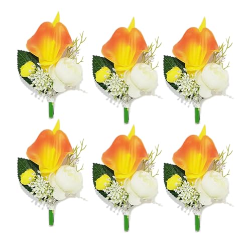 YIFUwedding Calla Lily Wrist Flower,Set of 6, Bridesmaid Wedding Party Wrist Flower,Bridal Flower Used for Dance Parties，Groom and Groomsman, Corsage (6 Orange Corsage)