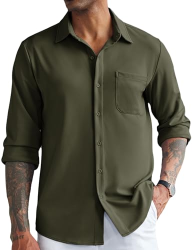 COOFANDY Men's Wrinkle Free Dress Shirts Slim Fit Stretchy Lightweight Shirts Army Green