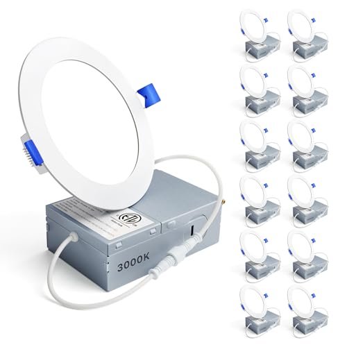 Ensenior 12 Pack 4 Inch LED Recessed Ceiling Light, Dimmable, 3000K Warm White, 750LM 9W 120V, High Brightness Canless Wafer Downlight - ETL&FCC&IC