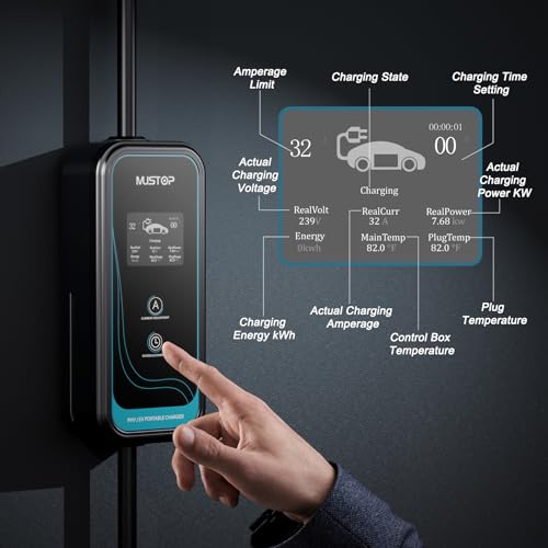 mustop EV Charger Level 1 (NEMA 5-15 /15A /110V / 25ft),EVSE Adjustable Currents 6A-16A,IP65 Waterproof Home EV Charging Station, with LCD Screen and Timing Delay for All J1772 EVs