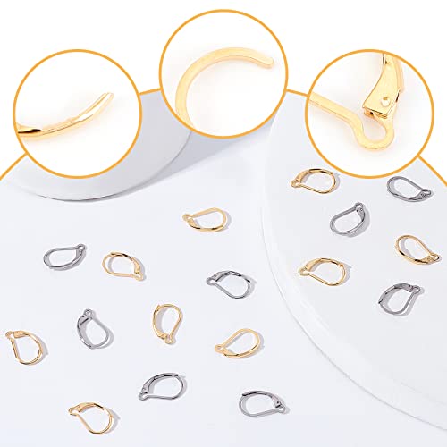 Beebeecraft 100Pcs Real 24K Gold Plated Leverback Earwires French Earring Hooks Gold and Stainless Steel Color 16.5x10mm Interchangeable Dangle Ear Wire Findings Stainless Steel for Jewelry Making