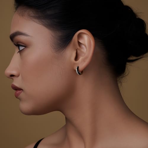 LeCalla 925 Sterling Silver Hoop Earrings | 14K Gold Plated Black Enamel Huggie Hoops | Dual-Tone SMALL Zirconia Earring for Teens 15 MM
