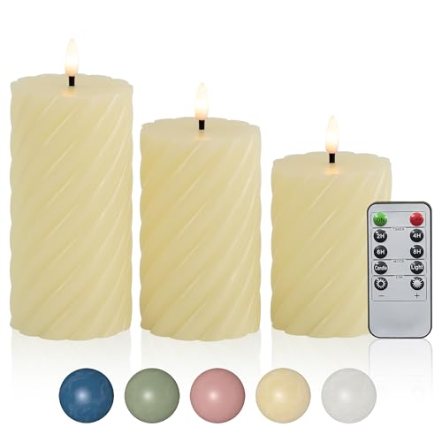 Yongmao Flameless Candles with Remote, Ivory LED Battery Operated Spiral Real Wax Pillar Candles Warm Light 3D Wick Flickering with Remote for Home Party Decor D 3" H 4" 5" 6"(Set of 3)