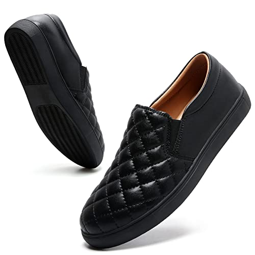 Womens Loafers Slip On Shoes Quilted Leather Comfort Memory Foam Non Slip Work Shoes Soft Casual Driving Flat Sneaker Ladies All Black US 6.5