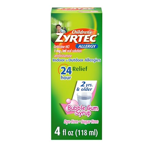 Zyrtec Children's 24 Hour Allergy Relief Syrup, 5 mg Cetirizine HCl Antihistamine, Kids Allergy Medicine for Indoor & Outdoor Allergy Relief, Dye-Free & Sugar-Free, Bubble Gum, 4 fl. oz