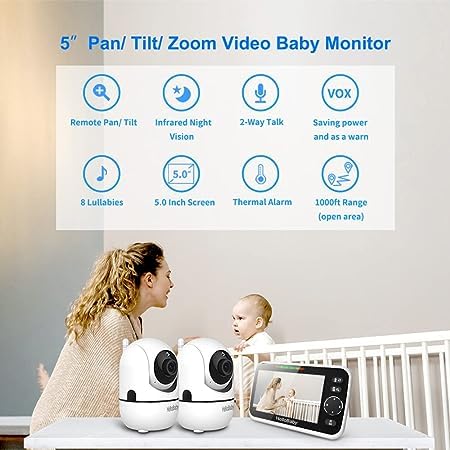 HelloBaby Upgrade 5’’ Baby Monitor with 26-Hour Battery, 2 Cameras Pan-Tilt-Zoom, 1000ft Range Video Audio Baby Monitor No WiFi, VOX, Night Vision, 2-Way Talk, 8 Lullabies and Temperature