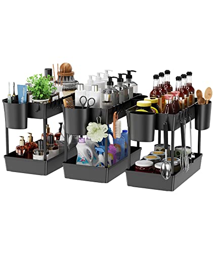 PTOJ Under Sink Organizer, 2 tier Kitchen Under Cabinet Countertop Organizers Storage Rack Basket with 10 Hooks and 4 Hanging Cup for Bathroom,Multi-Purpose Storage Shelf for Kitchen (2)