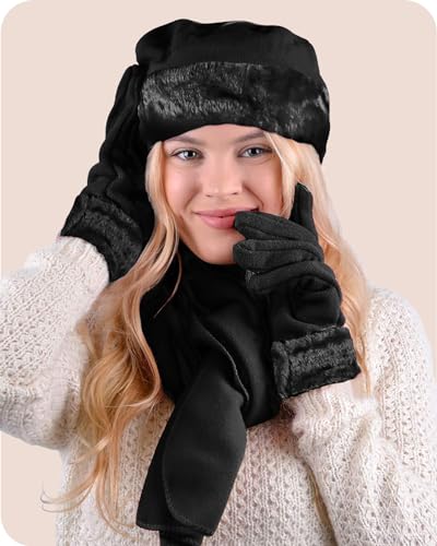 3 Pieces Set Matching Hat, Gloves and Scarf for Woman. Solid Colors - Red