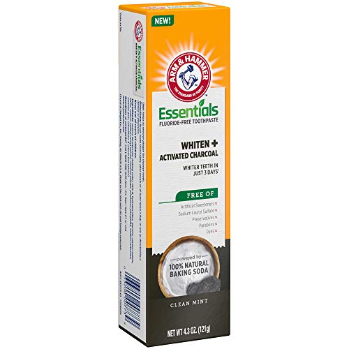 ARM & HAMMER Essentials Fluoride-Free Toothpaste Whiten + Activated Charcoal-4 Pack of 4.3oz Tubes, Clean Mint- 100% Natural Baking Soda