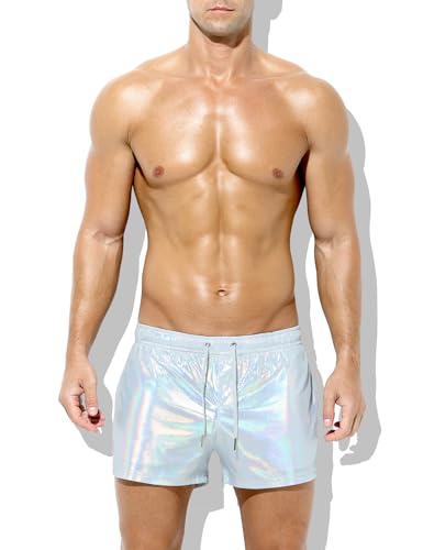 Casey Kevin Men's Holographic Metallic Short Sparkly Shiny Short Pants Rave Outfit Hot Shorts with Pockets and Drawstrings (A1-Sliver,Small)