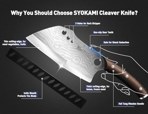 SYOKAMI Meat Cleaver Chef Knife, 7.7 Inch Multifunction Butcher Knife with Herb Stripper and Sheath, Chinese Cleaver Heavy Duty Bone Chopper, Meat Cutting, Damascus Pattern Full Tang Wood Handle