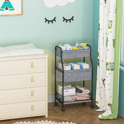 3-Tier Baby Diaper Caddy Organizer and Storage Cart with 4+2 Dividers, Mobile Metal Utility Cart with Rolling Wheels for Nursery Essentials, Large Capacity Rolling Cart for Crib, Bedroom, Bathroom