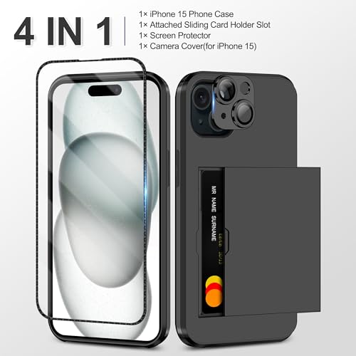 SAMONPOW 4-in-1 for iPhone 15 Case Wallet with Screen Protector & Camera Cover Full Body Hybrid 15 Case with Card Holder Shockproof Protective Phone Case for iPhone 15 for Women Men, Black