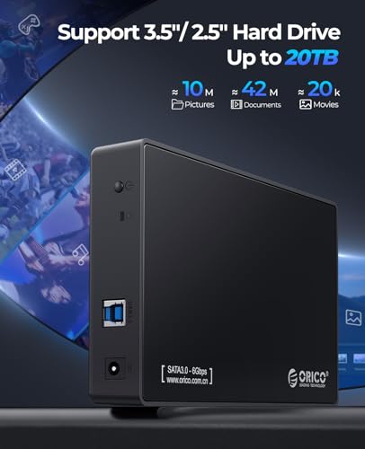 ORICO USB 3.0 External Hard Drive Enclosure for 3.5/2.5 Inch SATA Hard Drives/SSD Up to 20 TB, 3.5'' Tool-Free HDD Enclosure with 12V/2A Power Supply and UASP Acceleration (3588US3)