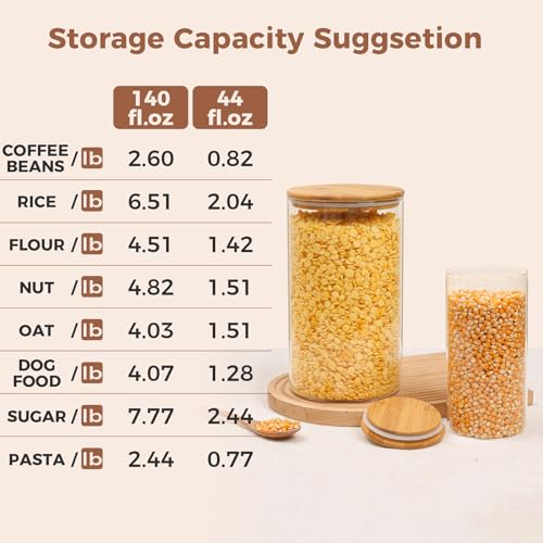 ComSaf Glass Food Storage Containers with Bamboo Lid (1.1Gallon/44oz), Glass Jar with Airtight Lid Clear Glass Food Canister Set of 2 for Dry food like Rice, Sugar, Flour, Pasta, Cereal, Beans, Nuts