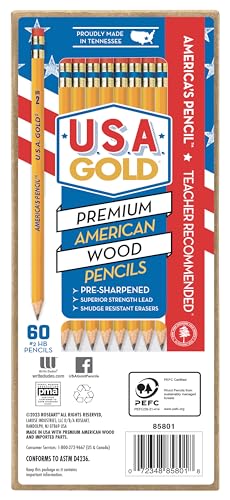 Cra-Z-Art U.S.A. Gold Pre-sharpened American Wood Cased #2 HB Yellow Pencils, 60 Pack