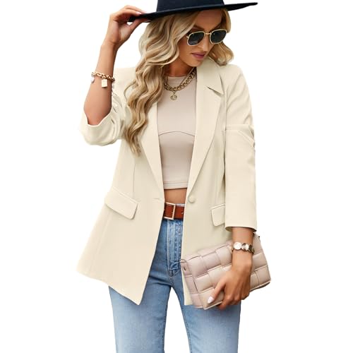 Lamgool Women's Long Sleeve Blazer Casual Open Front Office Jacket with Lapel Pockets for Work (Beige, Small)