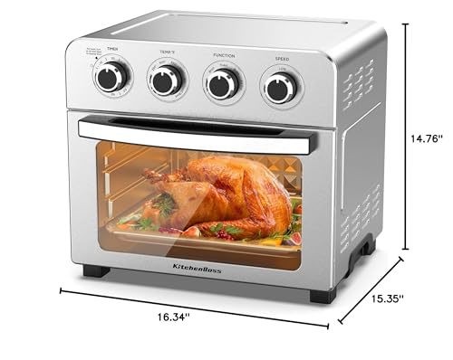 KitchenBoss Air Fryer Toaster Oven: 24.3QT/23L Airfryer with Warm, Broil, Toast, Bake, Air Fry 5-in-1 Functions, Knob Control 1700W Toaster Oven Countertop with 4 Accessories, Stainless Steel